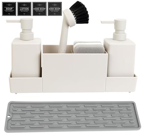 Haisheng 1 Set Kitchen Soap Dispenser, Beige 2 Pack Soap Dispenser Bottle with Pumps, Sponges, Brush, Drainer Tray, 350ML Shampoo Lotion Bottle for Kitchen and Bathroom