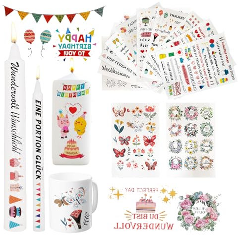 SNAIL GARDEN 12PCS 400+ Muster Kerzentattoos Kerzenfolie,Kerzentattoos Geburtstag,Kerzensticker Wasserschiebefolie Kerzen Geburtstag Schmetterling Girlande Thema Für Kerze,Tasse