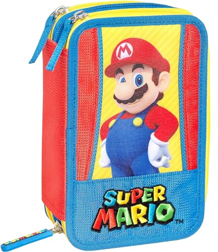Clondo Dreifach Fefülltes Federmäppchen für Kinder, für Super Mario Fans, Mädchen, Jungen, 45 Schulutensilien, 3 Reißverschlüsse, organisierte Fächer, Buntstifte, Filzstifte, Kleber, Schere