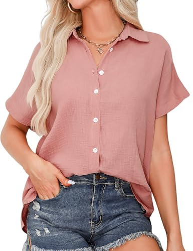 Aottori Chemisier Femme Manches Courtes Chic et élégant 100% Coton Chemise Col en V Chemisiers Blouses Haut Décontracté T-Shirts Été Tunique Tops Rose XXL