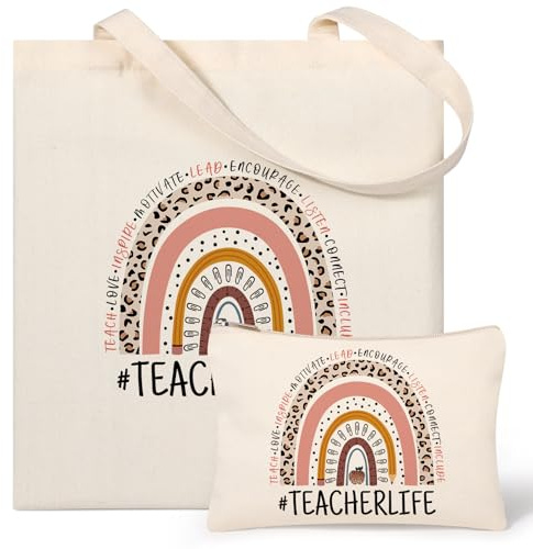 Borsa Tote in Tela per Insegnanti con Borsa per Cosmetici - Regalo di Apprezzamento, Natale e Ringraziamento da Studenti