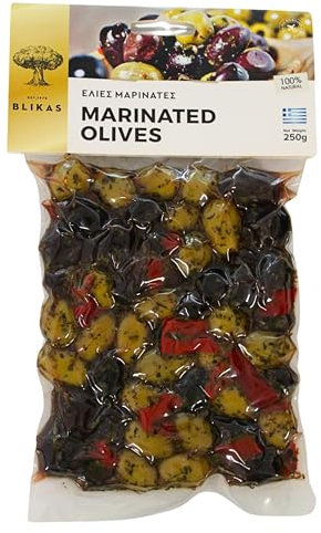 Blikas Kalamata Aceitunas Verdes y Negras Griegas Marinadas Con Orégano y Pimiento Rojo, Paquete de 2 x 250 g (Total: 500 g)