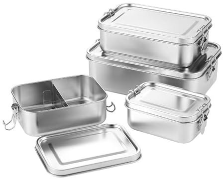 ASelected Stainless Steel Lunch Box, 850ml Metal Lunch Box for Adults with 2pcs Removable Divider, 16.5x12.1x6cm Leakproof Metal Bento Box with Snap-on Buckles for Salad Sandwich