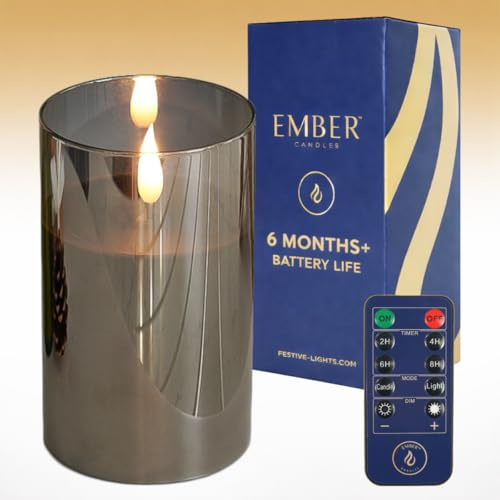 Ember Candles™ 12.5cm Hurricane Smoked Glass Black LED Flickering Battery Candle – 100% Real Wax, Ultra-Realistic, Flameless, Hand-Poured Design, 6-Hour Timer for Indoor Use (with Remote Control)