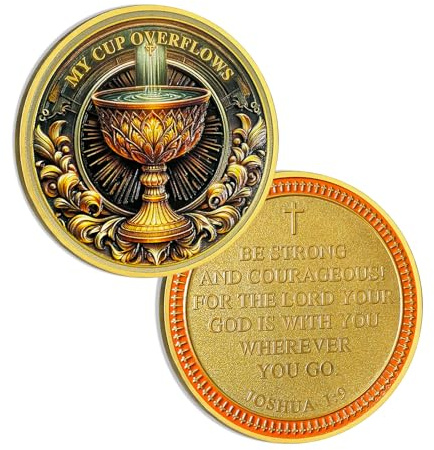 Pièce de monnaie chrétienne en calice de lotus doré, Josué 1:9 versets de la Bible – Jeton de poche de prière chrétienne « My Cup Overflows » – Cadeaux religieux pour homme et femme