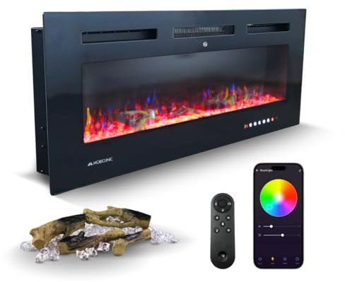 Mobiclinic®, Camino elettrico da parete, 900/1800w, Telecomando e funzione wifi app, Protezione contro il surriscaldamento, 15 colori variabili, Timer, Fury, Per ambienti a partire 25 m2