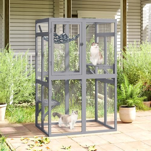 Catio Outdoor Cat Enclosure - Premium Wooden Cat Catio with Window Access & Breathable Mesh, Weatherproof Kitty House for Patio/Backyard/Indoor (Gray)