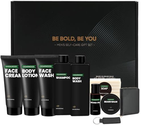 BODY & EARTH Geschenke für Männer - Zedernholz Herren Pflege Geschenkset, 10-teiliges Pflegeset mit Bartöl, Balsam, Shampoo & Accessoires, Geburtstagsgeschenk für Männer