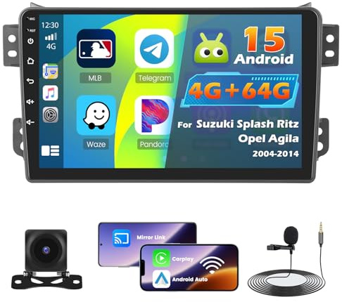 Roinvou 4+64G Autoradio Android für Suzuki Splash Ritz/Opel Agila 2004-2014 mit Wireless Carplay und Android Auto, 9 Zoll Bildschirm Mirror Link WiFi GPS Bluetooth 32EQ FM/RDS SWC Rückfahrkamera