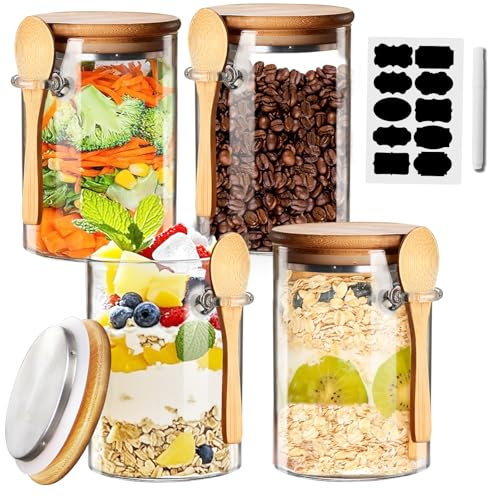 Glasbehälter Vorratsgläser mit Deckel Luftdicht Overnight Oats Gläser Meal Prep Gläser für Salat,Chia Pudding Joghurtgläser Zucker,Kaffee,Teeblätter Behälter Aufbewahrungsglas