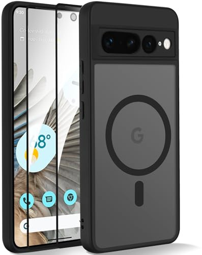 Yxnvixn Magnetic Case for Google Pixel 7 pro Case with Screen Protector [Compatible with Magsafe] Slim Translucent Matte Silicone Shockproof Full Body Protective Phone Case Cover, Black