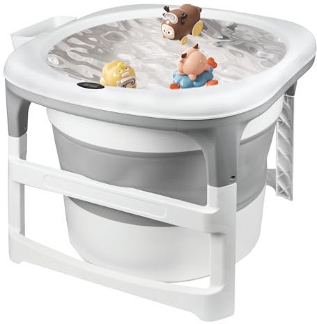 Grand Baignoire Pliable Bébé, Douche Bebe XXL, Pieds Antidérapants, Bouchon de Vidange -3 en 1 (Gris, Rond, 67x67x61cm)