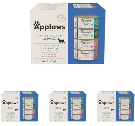 Applaws Natural Wet Cat Food, Multipack Fish Selection in Broth 70 g Tin (Pack of 48)
