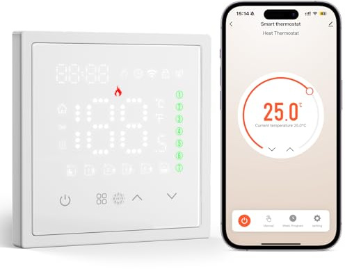 BSEED Smart Thermostat, WLAN Digital Thermostate Heizung, Raumthermostat Für Wasser Fußbodenheizung, Kompatibel mit Alexa, Google, Smart Life, Tuya, Smarte Szenen, Kein Hub Erforderlich, Weiß