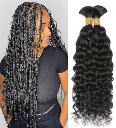 Yuefer Raw Water Wave Braiding Hair Brazilian Bulk Human Hair Extensions for Braids No Weft Curly Remy Hair 2 Bundles/Pack Natural Black 1B# (24inch 100g)