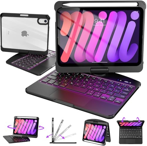 Intermerge Schutzhülle mit Tastatur für iPad Mini 7 (A17 Pro, 2024) und Mini 6 (2021) 8,3 Zoll – 360° drehbares Multi-Touch-Trackpad, 7-farbige RGB-Tasten, Stifthalter, Stromanzeige, einfarbig schwarz