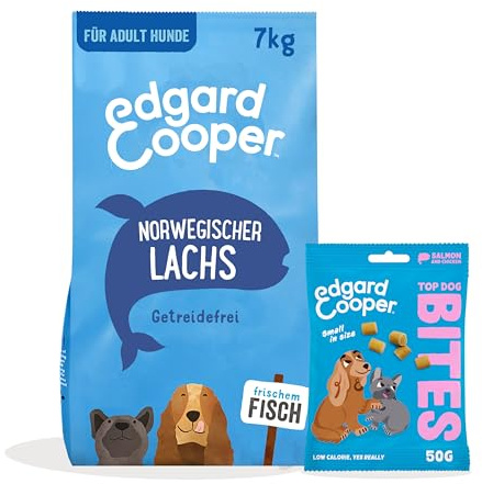 Edgard & Cooper Hundefutter Trockenfutter Lachs Getreidefrei 7kg + Lachs Hundesnacks Bites 1x50g - Trockenfutter & Leckerli Bundle