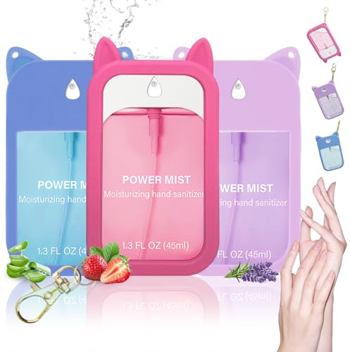 3pc Hand Sanitizer Spray For Woman, Power Mist Hand Sanitiser Mini For Travel Protective Case with 3 Bonus Cat Ears (Pink Blue Purple)