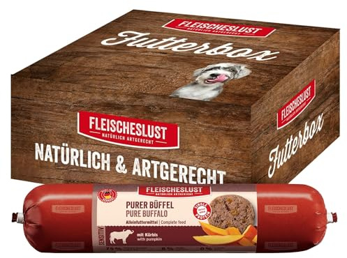 Fleischeslust Hundewurst, Purer Büffel mit Kürbis als Futterbox (6x800g), Sensitive Nassfutter-Wurst schnittfest & getreidefrei, Hundefutter für ausgewachsene Hunde