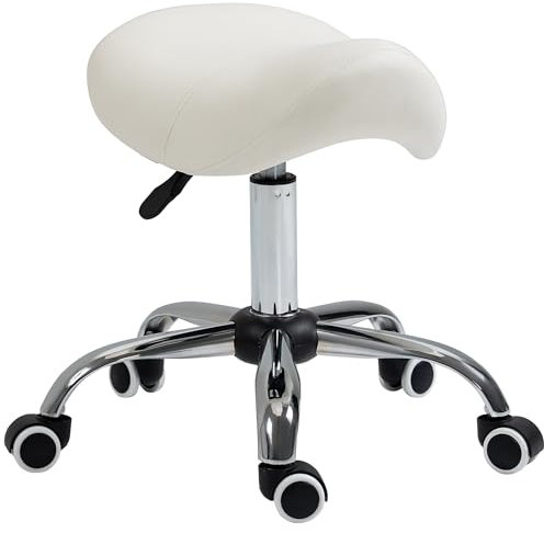 HOMCOM Taburete con Ruedas Taburete Giratorio Cosmético con Altura Ajustable Asiento Acolchado y Amplio Dentista Peluquería Carga 120 kg 52x53x49-61 cm Blanco