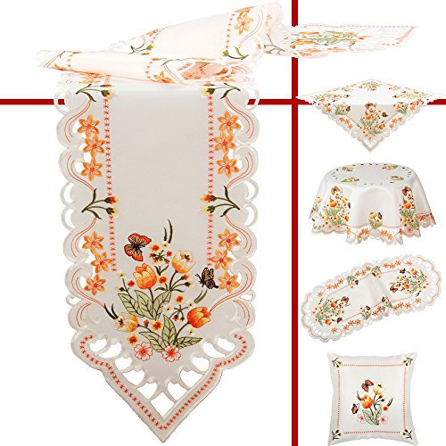 Quinnyshop Orange Tulpen und Schmetterlinge Stickerei Mitteldecke 60 cm Rund Polyester, Weiß