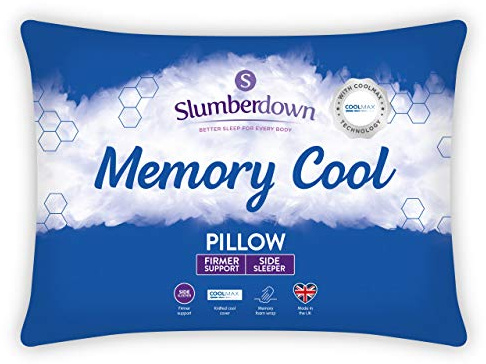 Slumberdown Cool Memory Foam Pillow 1 Pack - Cooling & Supportive Back & Side Sleeper Pillow for Neck and Shoulder Pain Relief | CoolMAX® Knitted Cover, UK-Made, Non-Allergenic, Easy Care (38 x 64cm)