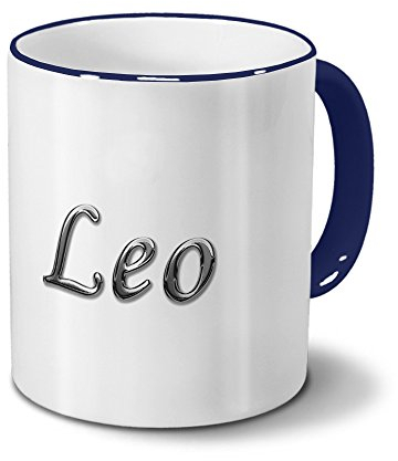 printplanet Tasse mit Namen Leo - Motiv Chrom-Schriftzug - Namenstasse, Kaffeebecher, Mug, Becher, Kaffeetasse - Farbe Blau