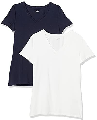 Amazon Essentials Women's Regular-Fit Short-Sleeve V-Neck T-Shirt, Pack of 2, Navy/White, S