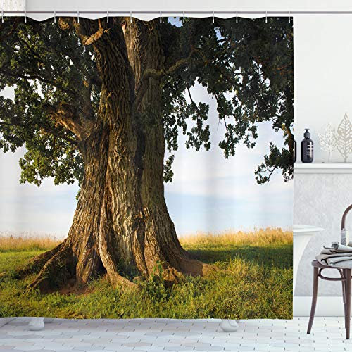 ABAKUHAUS Natur Duschvorhang, Majestic Oak Estland Rural, Stoffliches Gewebe Badezimmerdekorationsset mit Haken, 175 x 200 cm, Farngrün Kakao