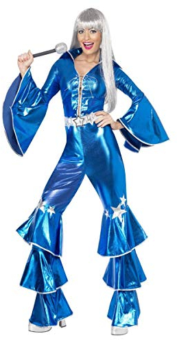 Smiffys 70s Dancing Dream Costume for Women, Blue Disco Jumpsuit with Lace-Up Front, Bell Sleeves & Star Detail, 1970s Fancy Dress Outfit for Hen Parties, Festivals & Themed Events