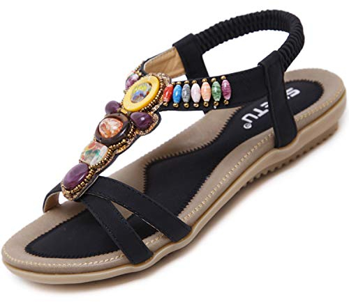 Acfoda Sandales Femme Été Chic Plates Confortable Bohême Chaussure Léger Mules Tongs Orthopédiques Sandalette Cuir nus pieds avec Strass Noir 39