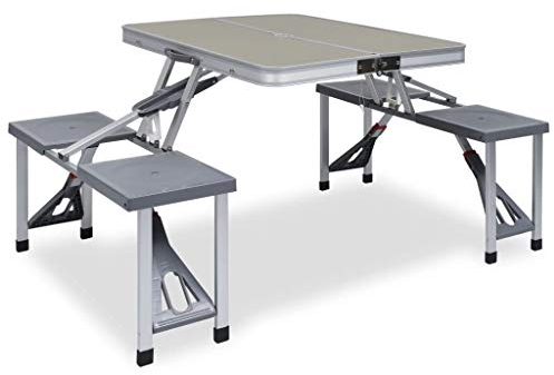 Tidyard Klappbarer Camping Tisch mit ein Sonnenschirmloch im Freien, Camping, Picknick, BBQ, Strand mit 4 Sitzen Stahl Aluminium Campingtisch Picknick Bank Gartentisch Klapptisch Koffertisch Silbern