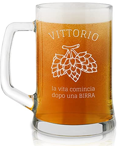 Maverton Boccale per la Birra in vetro con personalizzazione - capienza 500 ml - H12 cm x Ø8,5 cm - ottima idea regalo per le feste perfetto per ogni uomo amante della buona Birra - 3 luppoli