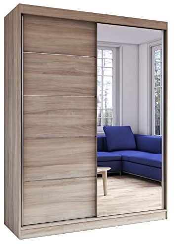 Fabryka Mebli Idźczak Kleiderschrank mit Spiegel, Schiebetüren - Schwebetürenschrank, Schlafzimmerschrank - 61 x 150 x 200 cm - Schrank für Schlafzimmer, Ankleidezimmer, Garderobe - Sonoma