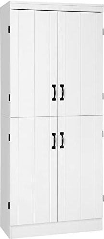 HOMCOM 4-Door Tall Kitchen Cupboard, Freestanding 6-Tier Storage Cabinet with 2 Adjustable Shelves for Living Room, Dining Room, White