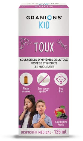 GRANIONS KID TOUX - Lichen d'Islande + Mauve - SOULAGE LES SYMPTOMES DE LA TOUX - PROTEGE ET HYDRATE LES MUQUEUSES - Dispositif médical - Dès 1 an - Goût pomme Aronia - 125 ml - Marque française