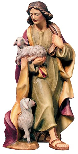 JS Garten Deko Krippenfigur Raffaello Kollektion Hirte mit Lämmern H 14 cm Holzfigur Holzstatue Statue aus Ahornholz von Dolfi