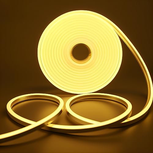 SUCIKORIO Neon Led Strip Light 2m / 6.6ft, Flexible LED Strip Lights Warm White 3000K Cuttable Waterproof IP65 Neon Rope Light 220-240V DIY led Lights with Power Supply for Bedroom, Indoor & Outdoor