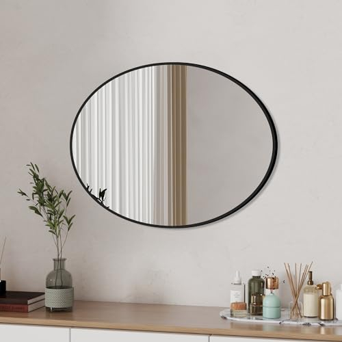 Boromal Oval Spiegel 50x70cm Spiegel Schwarz Rechteckiger Metallrahmen Badspiegel Vertikal/Horizontal Wandspiegel Morden Dekorative Oval Spiegel ohne LED Beleuchtung