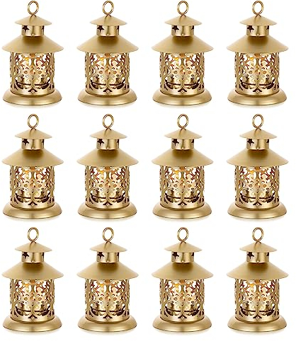 Romadedi Teelicht Laterne Gold Deko - 12er Set Vintage Laterne Kerze Metall Klein mit Gravur für Kerzen, Tischdeko, Hochzeit, Weihnachten, Ramadan, Balkon, Garten, Outdoor