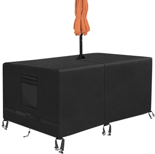 Kovshuiwe Square Patio Tischabdeckung mit Regenschirm Loch Heavy Duty wasserdicht 600D Oxford Stoff im Freien Rasen Patio Möbel Abdeckung (223x147x60cm)