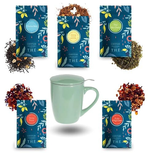 COMPTOIR FRANÇAIS DU THÉ | Assortiment de 5x20g de Thés et Infusions et sa Tisanière Vert d'eau | Cadeau Original pour un Anniversaire, la Saint-Valentin, la fête des Mères, Noël, les Maîtresses
