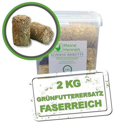 MeineHennen Luzerne-Briketts 2 kg - Ergänzungsfutter, zur förderung des Freilaufverhalten, ideales Grünfutterersatz. Wiederverschließbarer Eimer, 11-12 Briketts.
