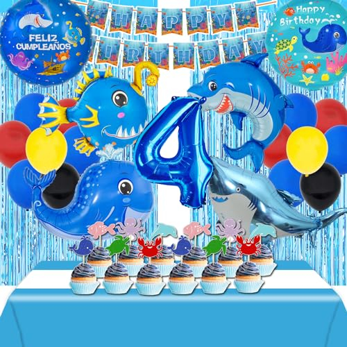 POVALLOV Soni Geburtstagsdeko 4 jahre, Soni Geburtstagsdeko, Ballon Party Dekoration, Tortenaufleger, Regenvorhang, Geburtstagsdeko Blau, Deko Geburtstag Kinder Set, 52 Stück Birthday Decoration