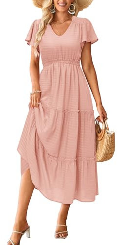 VOTEPRETTY Summer Dresses for Women UK Ladies Maternity Casual Vacation Maxi Long Dress (Pink,S)