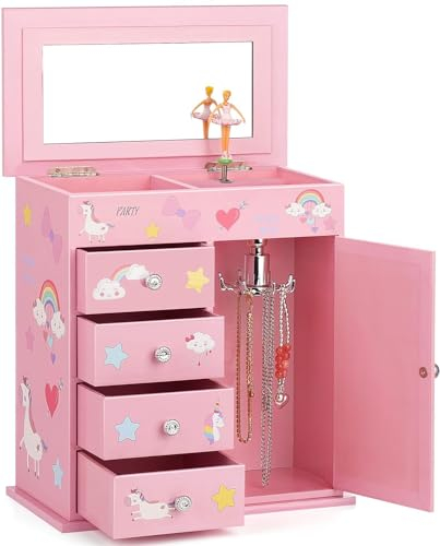 Portagioie per Bambine - Carillon per Bambine con Principessa, con Cassetti, Regalo da Favola per Compleanni, Portagioie per Bambine dai 3 ai 15 Anni (rosa)