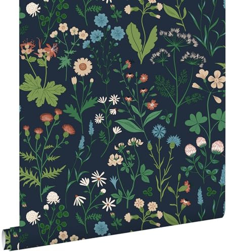 papier peint fleurs des champs encre bleu et vert 0.53 x 10.05 m - ESTAhome