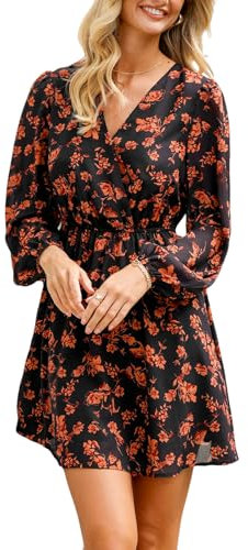 CUPSHE Women's V Wrap Dress Neck Ditsy Floral Mini Dress Long Sleeve A Line Dress Surplice Short Dress Black Orange Floral XL