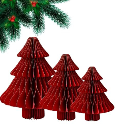 3 Stück Christmas Honeycomb Weihnachtsbaum, Faltbar Waben-Tannenbaum, 3D Mini Weihnachts Ornamente, Papier Baum für Weihnachten Dekoration (Rot)
