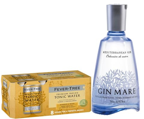 Gin Mare & FEVER-TREE Indian Tonic Water - Cocktail Set - 1x 0.7L Premium Gin mit 8-Pack 150 ml Tonic Water - Das Premium Gin & Tonic Set, für einen Cocktail mit mediterranem Twist.